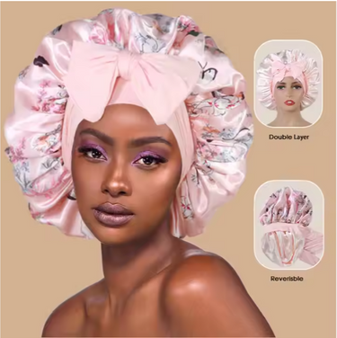 Satin Bonnet - Reversible Floral with Head Tie